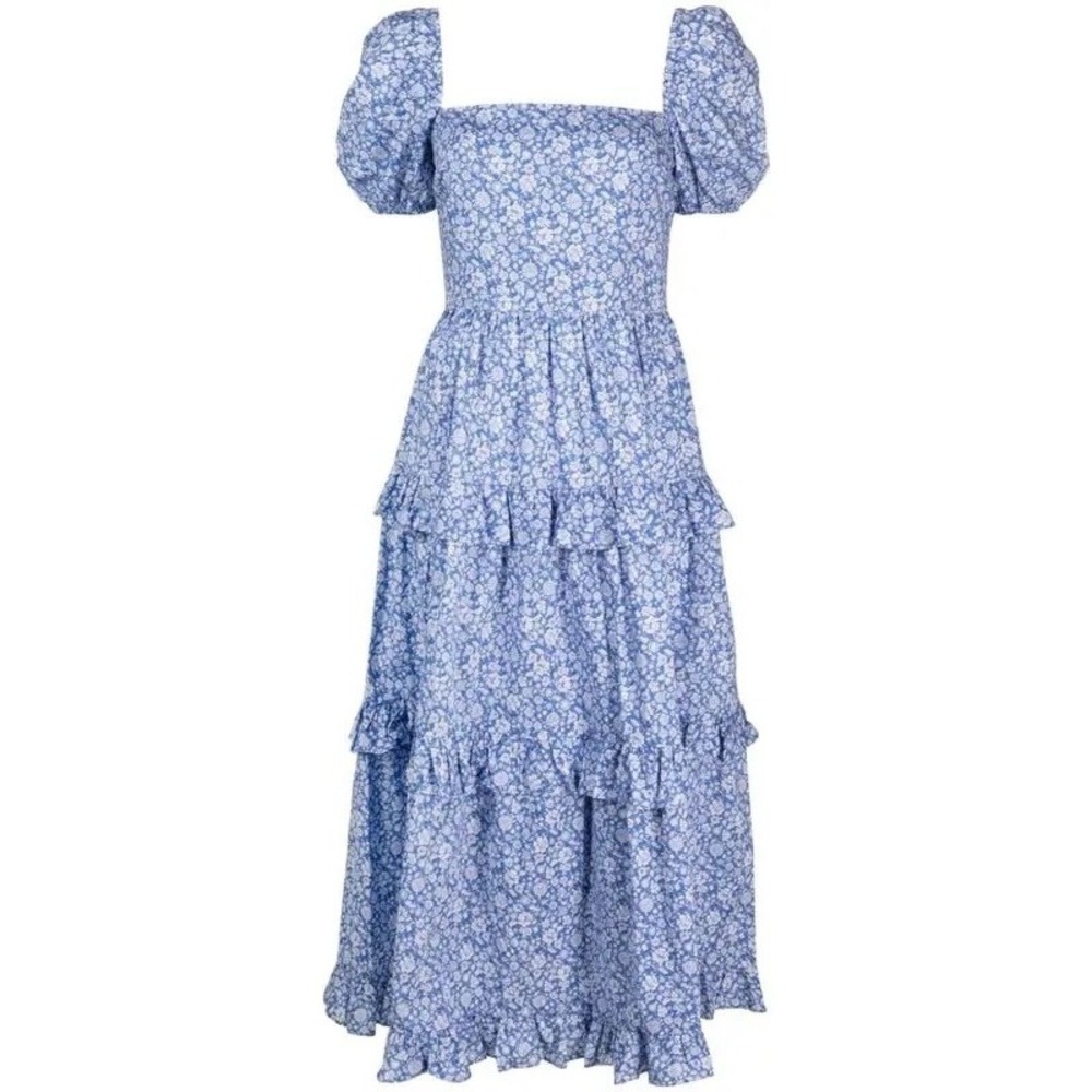 Polo Ralph Lauren Floral Ruffle Dress Sz 4 Blue Floral Tiered Midi Milkmaid